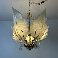 Chandelier, Murano Glass White Leaves, Brass Frame, Sku: 032981