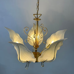 Chandelier, Murano Glass White Leaves, Brass Frame, Sku: 032981