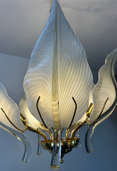 Chandelier, Murano Glass White Leaves, Brass Frame, Sku: 032981