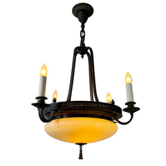 Antique Four-Arm Chandelier, Cut Milk Glass Bowl, Dark Bronze Finish, Sku: 033176