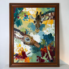 Original Art of Two Giraffes, Oil on Canvas, Signed, Framed, Sku: 033195
