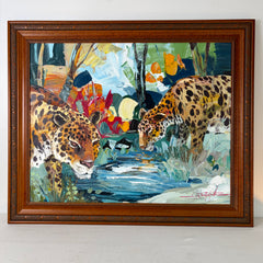 Original Artwork, Two Leopards at Stream, Signed by Artist, Framed, Sku: 033194