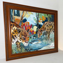 Original Artwork, Two Leopards at Stream, Signed by Artist, Framed, Sku: 033194