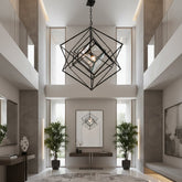 Geometric black metal pendant light fixture on a plain background