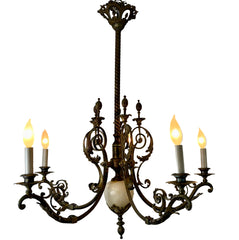 Vintage Chandelier, 5- Arm, Ornate, Golden Metal with Cream Stone Center, Sku: 033206