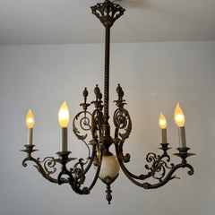 Vintage Chandelier, 5- Arm, Ornate, Golden Metal with Cream Stone Center, Sku: 033206