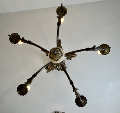 Vintage Chandelier, 5- Arm, Ornate, Golden Metal with Cream Stone Center, Sku: 033206