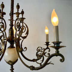 Vintage Chandelier, 5- Arm, Ornate, Golden Metal with Cream Stone Center, Sku: 033206