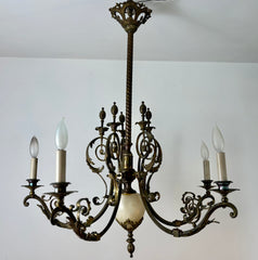 Vintage Chandelier, 5- Arm, Ornate, Golden Metal with Cream Stone Center, Sku: 033206