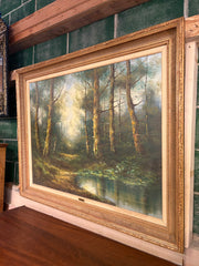 Vintage Forest Lake Scene by Dutch Artist Peter Volinger, Original Oil in Frame, Sku: 033173