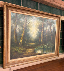 Vintage Forest Lake Scene by Dutch Artist Peter Volinger, Original Oil in Frame, Sku: 033173