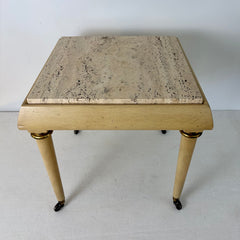 Italian Regency Style Mini Table on Casters, Ivory Wood Base, Brass Detail,Travertine, Sku: 033220