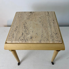 Italian Regency Style Mini Table on Casters, Ivory Wood Base, Brass Detail,Travertine, Sku: 033220