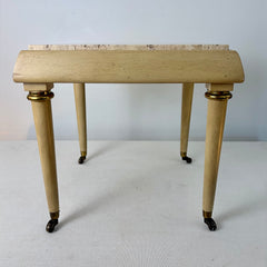 Italian Regency Style Mini Table on Casters, Ivory Wood Base, Brass Detail,Travertine, Sku: 033220