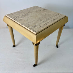 Italian Regency Style Mini Table on Casters, Ivory Wood Base, Brass Detail,Travertine, Sku: 033220