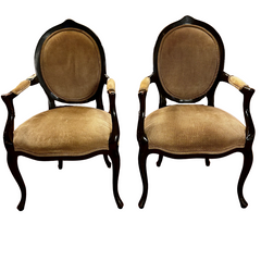 Pair of Oval Back Embossed Suede Leather Arm Chairs, Brown