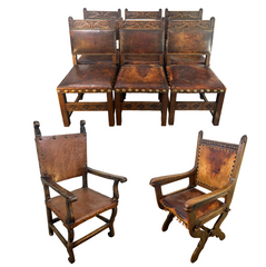 Set Eight of Oak & Leather Dining Chairs, Rustic, Sku: 033087