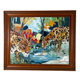 Original Artwork, Two Leopards at Stream, Signed by Artist, Framed, Sku: 033194