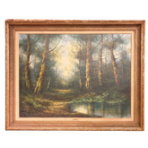 Vintage Forest Lake Scene by Dutch Artist Peter Volinger, Original Oil in Frame, Sku: 033173