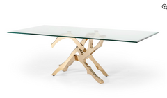 Lybo Rectangular Glass Top Table with Abstract Quad Gold Tone Base Sku: 033221