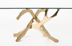 Lybo Rectangular Glass Top Table with Abstract Quad Gold Tone Base Sku: 033221