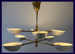 BZ Visual Comfort, Chandelier, 8 Arm Matte Brass Clam Shell, Globes in White Metal, Sku 033365