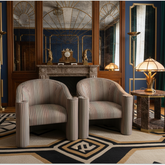 Pair of Vintage Casa Bique Neo Classical Style Arm Chairs, Cut Velvet Striped Upholstery Black, Beige, Blush, Aqua, Scrolled Arm Detail, Sku: 033475