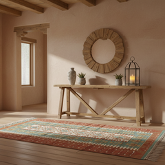 Kilim, Wool in Terracotta, Cream, Aqua, Sea Foam Green, Medium Size, Sku: 033438