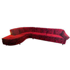 Vintage Sculpted Velvet Black & Red Floral Pattern Two-Piece Sectional Serpentine Shape, Turned Feet, Sku 033667