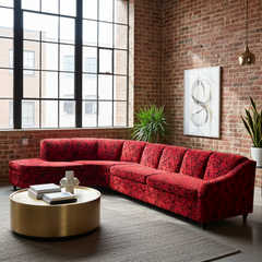 Vintage Sculpted Velvet Black & Red Floral Pattern Two-Piece Sectional Serpentine Shape, Turned Feet, Sku 033667