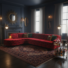 Vintage Sculpted Velvet Black & Red Floral Pattern Two-Piece Sectional Serpentine Shape, Turned Feet, Sku 033667