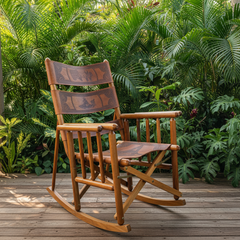 Vintage Costa Rican Teak and Embossed Leather Rocking Chair, Foldable, Sku: 033669