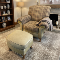 Great Western Brand Armchair Ottoman Set, Pale Green Leather, Plaid Upholstery, Sku: 033674