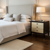 Bernhardt "Aurelia" 3 Drawer Nightstand w/ Champagne Silver Leaf Drawer Fronts, Ebonized Finish, Sku: 033679