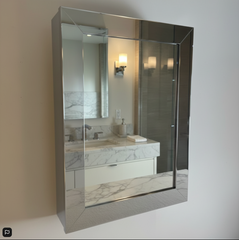 Chrome and Mirror Medicine Cabinet, Hinged Right, Glass Shelves, Sku: 033697