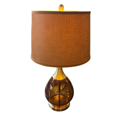 Pair Amber Glass Lamps with Brass Detail, Custom Shades, Sku: 033702