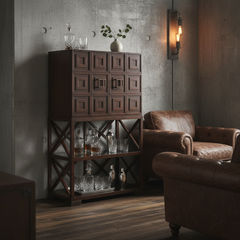 Contemporary Bar Cabinet, Dark Wood with Halogen Interior Light, Sku 033372