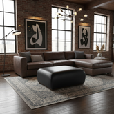 Leather Ottoman, Cushion Style, Black with Nail Head Detail, Sku 033361