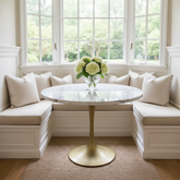 Tulip Table with Steel Matte Brass Base, Cream, Gray Engineered Quartz Top, Sku 033706