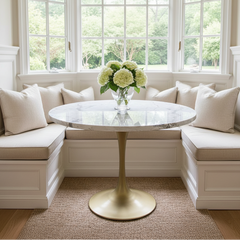 Tulip Table, Steel Matte Brass Base, Cream & Gray Engineered Quartz Top, Sku 033706