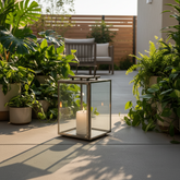 Decorative Square Lantern with Glass Panels and Top Handle, Nickel, Sku 033346