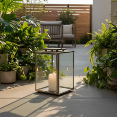 Decorative Square Lantern with Glass Panels, Top Handle, Nickel, Sku 033346