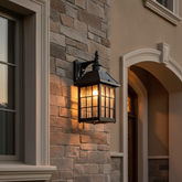 Exterior Wall Sconce Lantern Style Black Finished Steel, Pebbled Glass, Fern Motif, Sku: 033721