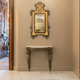 Antique French Renaissance Revival Wall Mounted Console Table, Mirror, Verdigris Finished Metal, Faux Stone, Sku: 033516