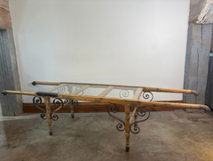Antique Sedan Chair Converted to Coffee Table, Wood Metal, Glass, Sku 032977