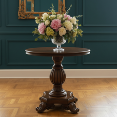 Carved Base Wooden Table with Round Top Suitable for Bed Side, Foyer or Dinette, Sku 033759