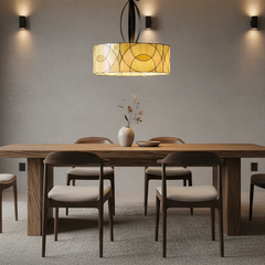 Contemporary Stained Glass Pendant with 3 Sockets, Pale Yellow Swirl Glass, Oil Rubbed Bronze Elliptical Down Rod Support, Sku 033760