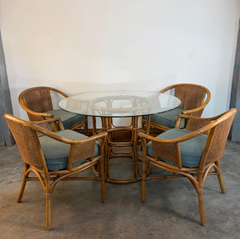 Ficks Reed 5 Piece Dining Set, Rattan, Cane & Round Glass Top, Green Wool Seat Cushions, Sku: 033762
