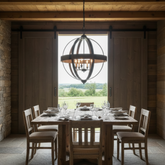Pendant Light, 6 Candle Lights, Rustic Wood and Metal Globe, Sku 033761