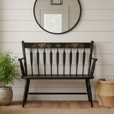 Nichols and Stone Brand, Commemorating America's Bicentennial, Spindle Back Wood Bench, Black Painted Finish with Gold Accented Fruit and Leaf Motif, Sku 033769